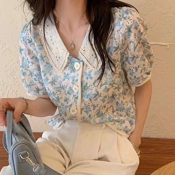 Tops - Floral blouse shirt top lace flower blue green cream womens tops summer …